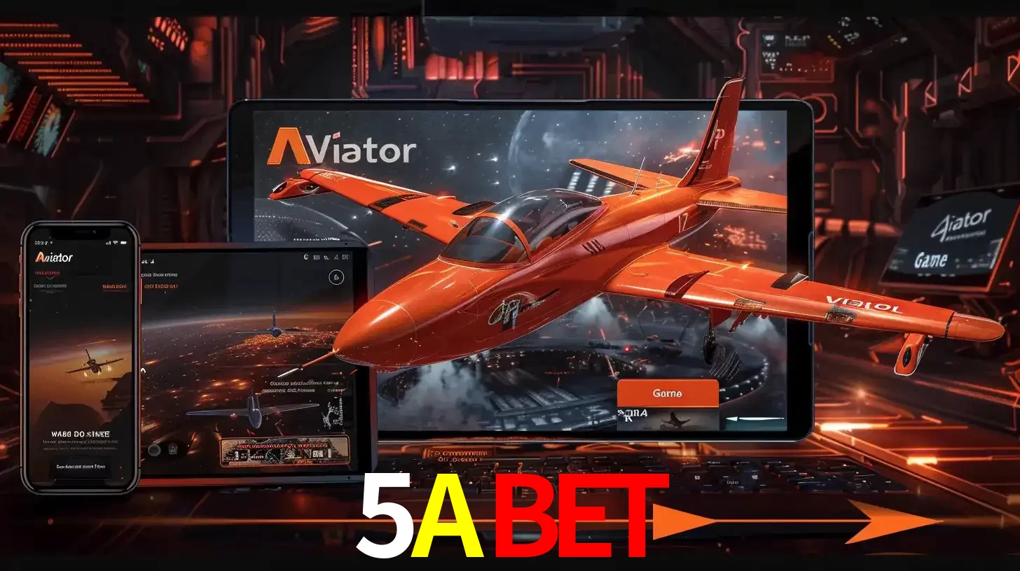 Apresentação tecnológica do jogo Aviator com um avião saindo da tela de um tablet, demonstrando a experiência imersiva em múltiplos dispositivos no 5ABET.
