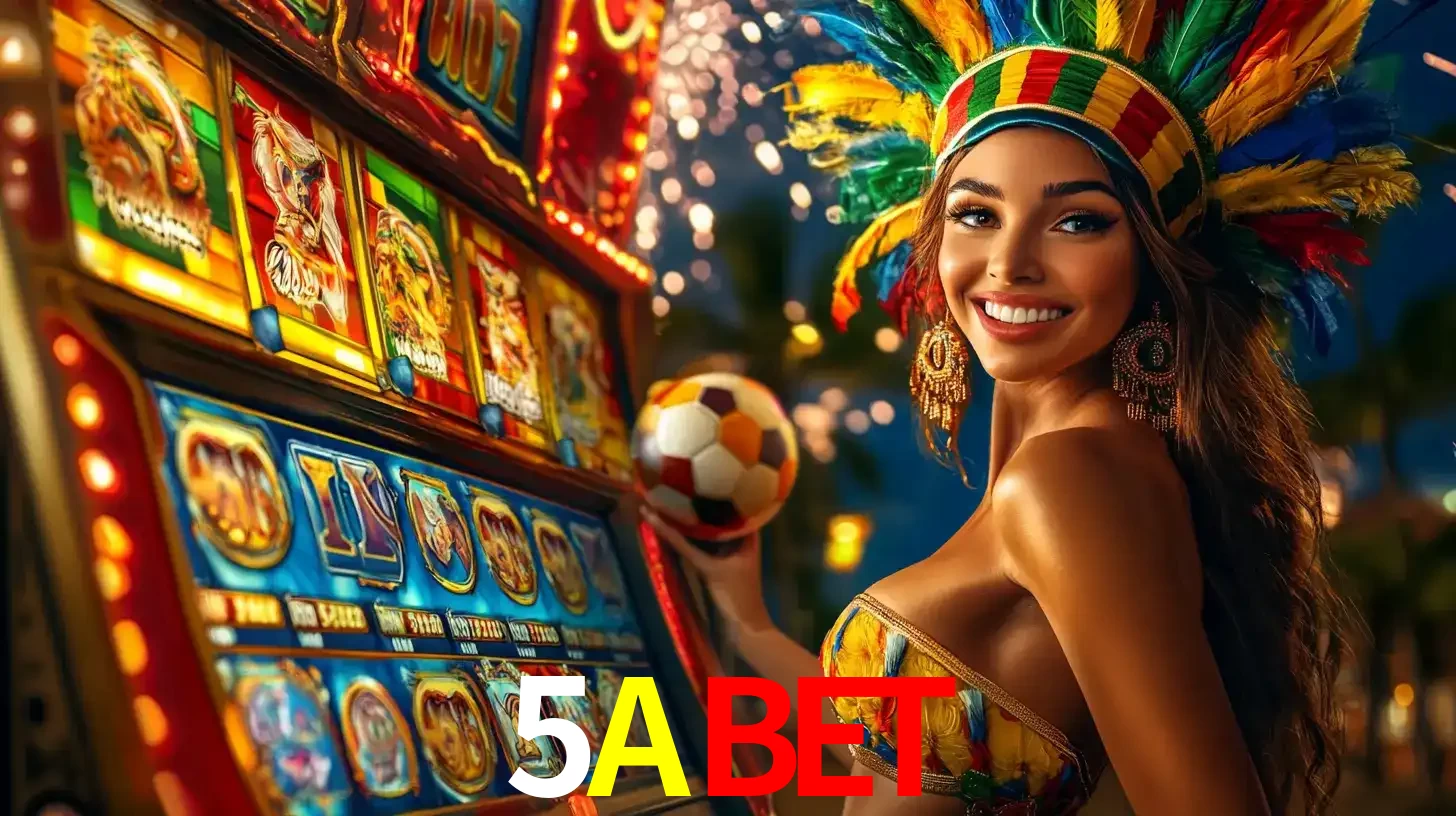 Mulher com um cocar de carnaval ao lado de uma máquina de caça-níqueis enquanto segura uma bola de futebol, mostrando a união da diversão de cassino e esportes no 5ABET.