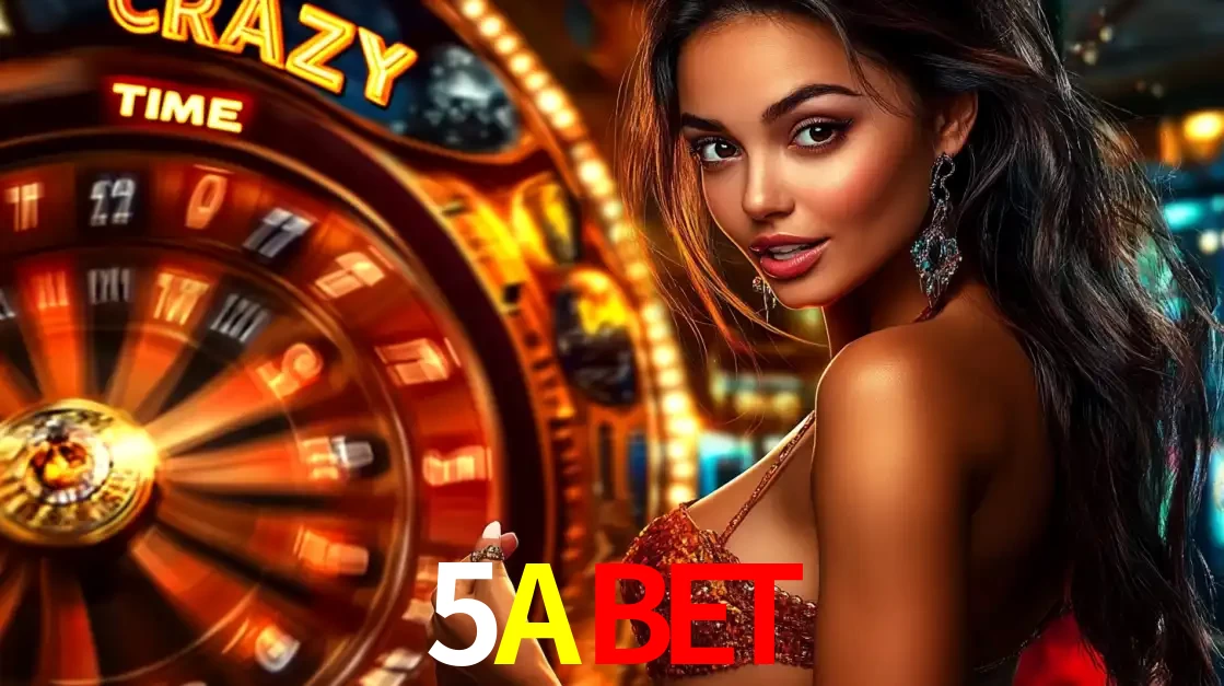 Mulher ao lado da roda de prêmios do jogo de cassino ao vivo Crazy Time, um dos shows de jogos mais emocionantes oferecidos pela plataforma de apostas 5ABET.