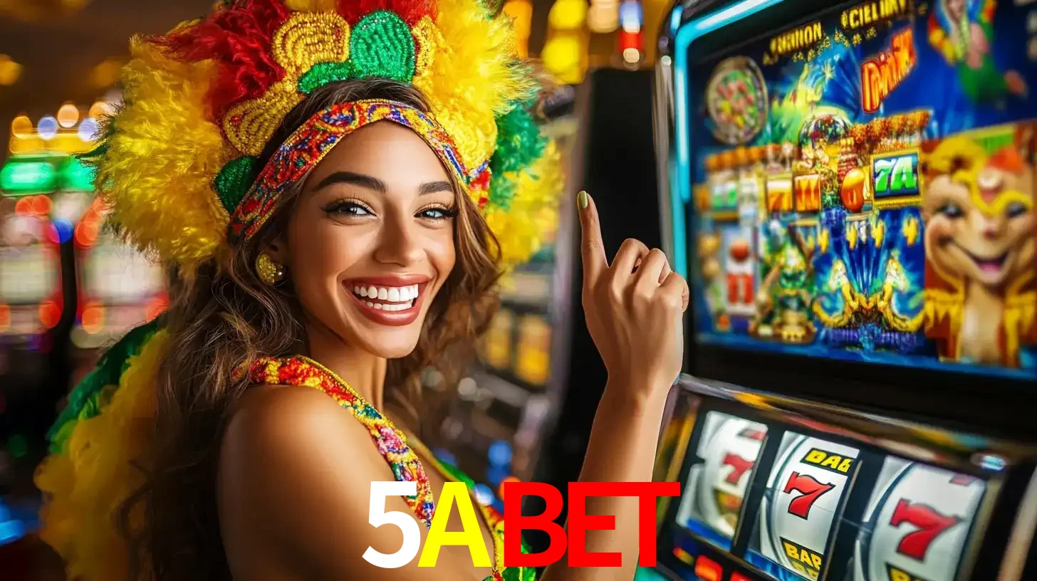 Mulher animada com um cocar de carnaval apontando para uma máquina de caça-níqueis, mostrando a emoção de ganhar um grande prêmio nos jogos do 5ABET.