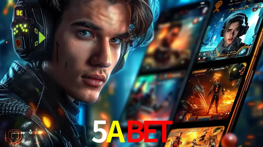 Jovem jogador com fones de ouvido olhando para a câmera, com um aplicativo de jogos e e-sports para celular ao fundo, pronto para a competição e apostas no 5ABET.