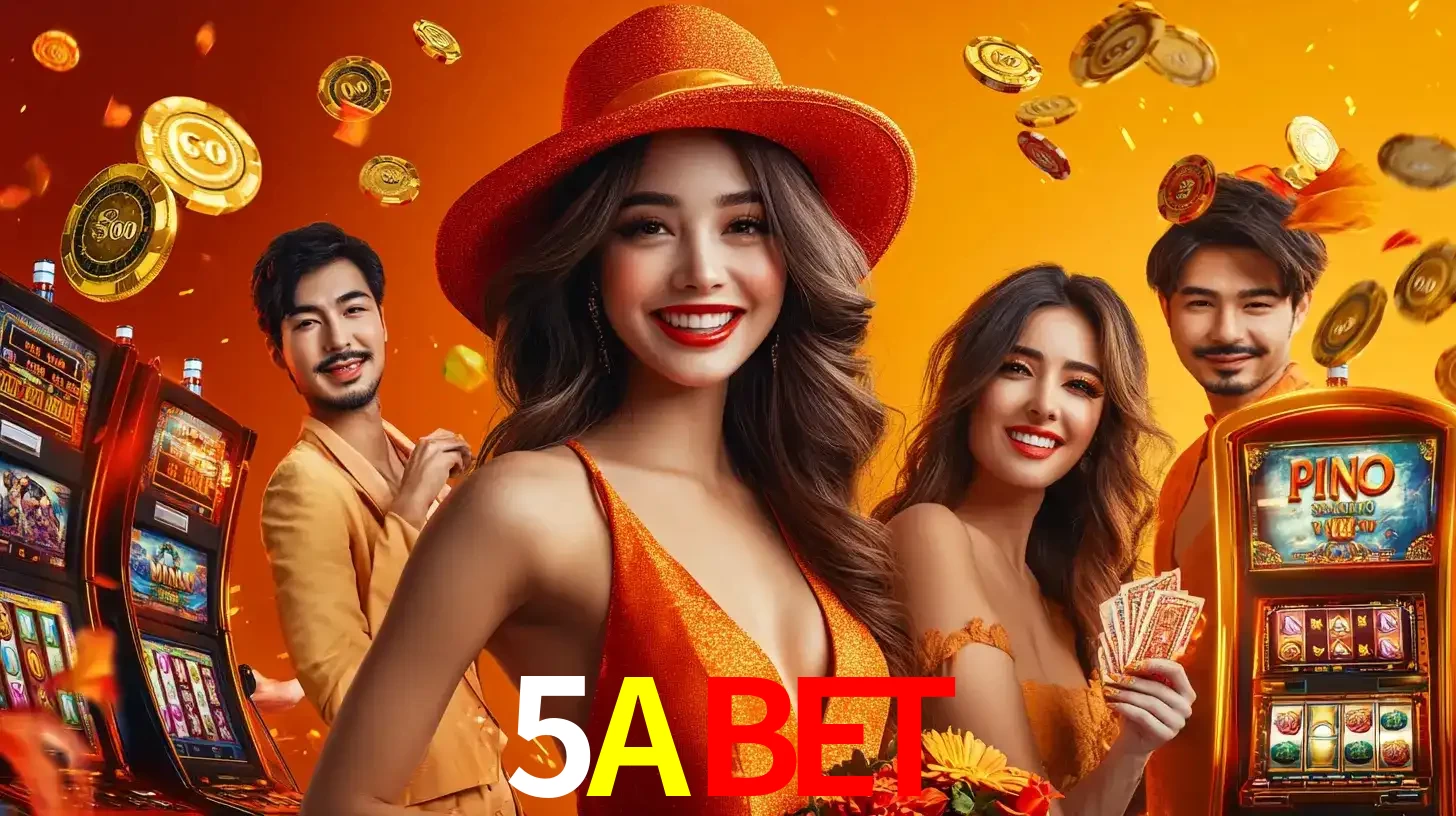 Grupo de amigos asiáticos sorrindo e se divertindo com máquinas de caça-níqueis em um ambiente festivo, celebrando suas vitórias nos jogos de cassino do 5ABET.