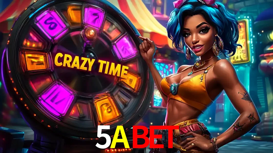 Mulher estilizada com cabelo azul e visual vibrante posando ao lado da roda de prêmios do game show Crazy Time, convidando para a diversão e os bônus do cassino 5ABET.