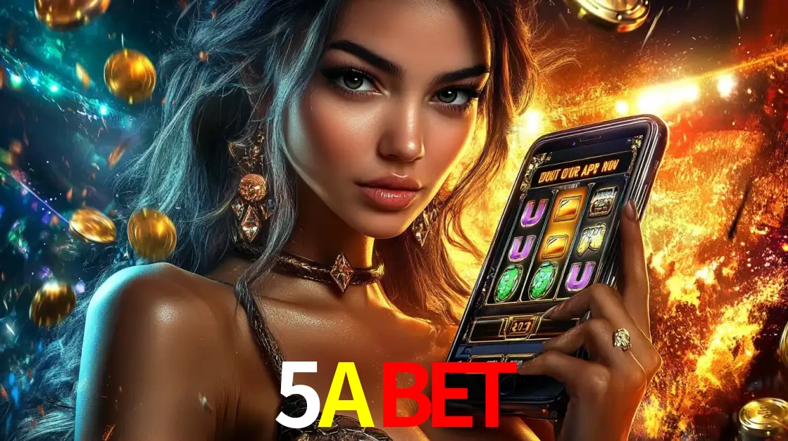 Mulher elegante mostrando um jogo de caça-níqueis em seu smartphone, destacando a experiência de cassino móvel oferecida pelo aplicativo 5ABET.